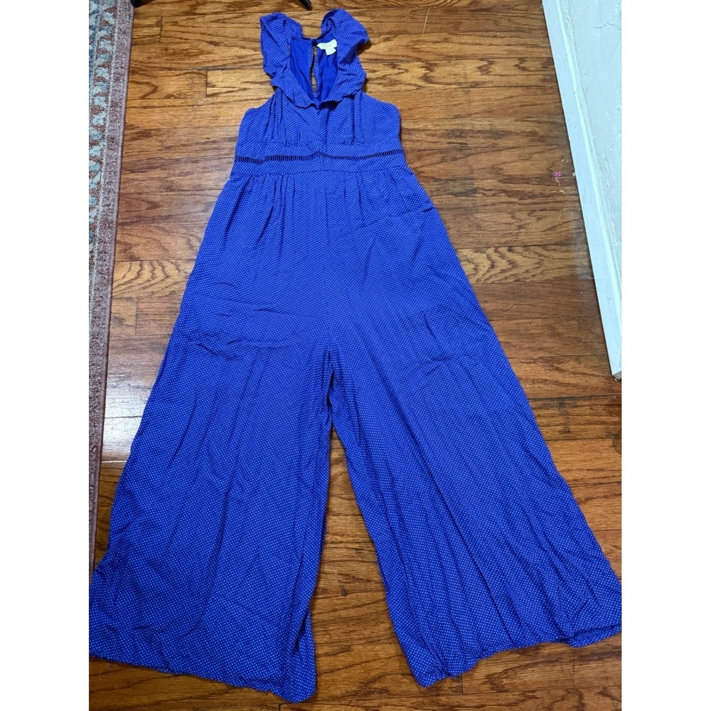 Maeve Anthropologie Blue Polka Dot Ruffle Halter Wide Leg Jumpsuit Size 4